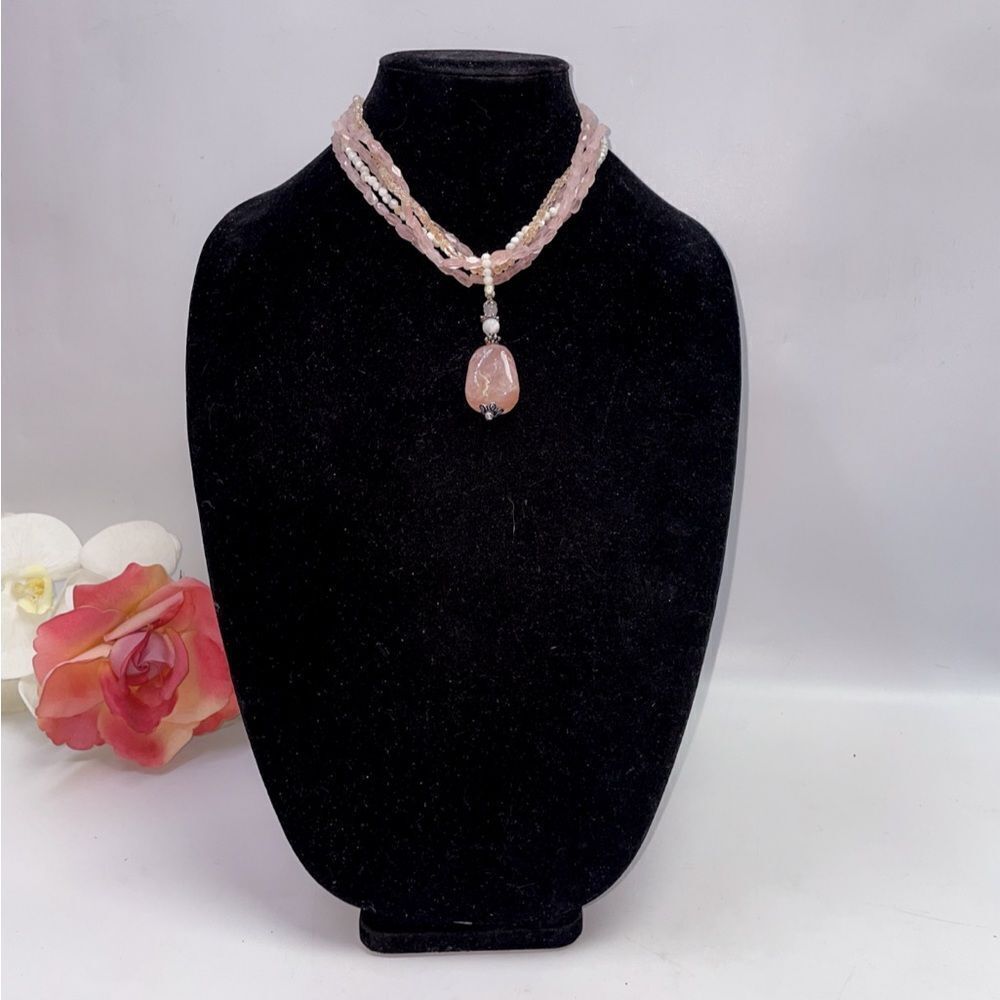 Exquisite Rose Quartz, Mother of Pearl Sterling Silver Necklace